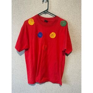 Vintage Fruit of the Loom‎ Red Graphic T-Shirt Colorful Swirls 90s Best